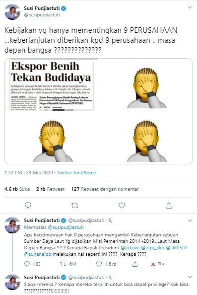 Cuitan Susi Pudjiastuti soal kebijakan ekspor benih lobster (Twitter).