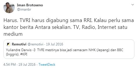 Kritik pedas Iman Brotoseno terhadap TVRI sebelum jadi Dirut TVRI (Twitter/imanbr)