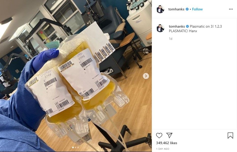 Tom Hanks kembali donor plasma darah. (dok: Instagram/tomhanks)