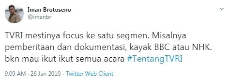 Kritik pedas Iman Brotoseno terhadap TVRI sebelum jadi Dirut TVRI (Twitter/imanbr)