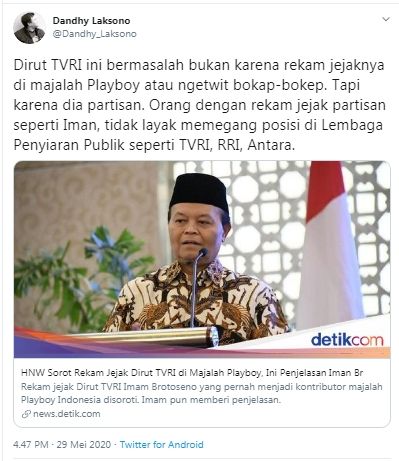 Dandhy Laksono sebut Iman Brotoseno tak layak jadi Dirut LPP TVRI (Twitter/dandhy_laksono)