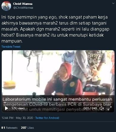 Cuitan Christ Wamena soal kemarahan Wali Kota Risma. (Twitter/@ChristWamena)