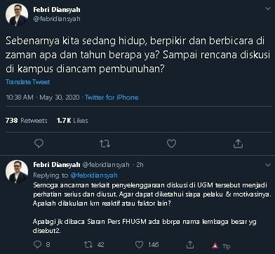 Febri Diansyah tanggapi acara diskusi CLS FH UGM yang berbuntut aksi teror. (Twitter/@febridiansyah)