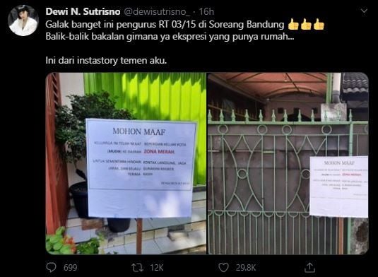 Plang penanda warga yang mudik ke zona merah.(Twitter)