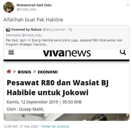 Cuitan Said Didu soal pesawat R80 warisan BJ Habibie (Twitter).