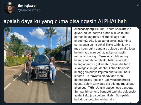 Elina Joerg dapat THR Toyota Alphard. (Twitter/@fandysatriap)