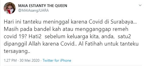 Maia Estianty berduka tante meninggal karena COVID-19 (Twitter).