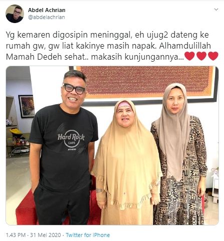 Abdel beri kabar terbaru Mamah Dedeh (Twitter).