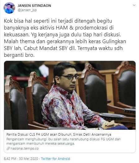 Cuitan Jansen Sitindaon soal teror diskusi UGM (Twitter).