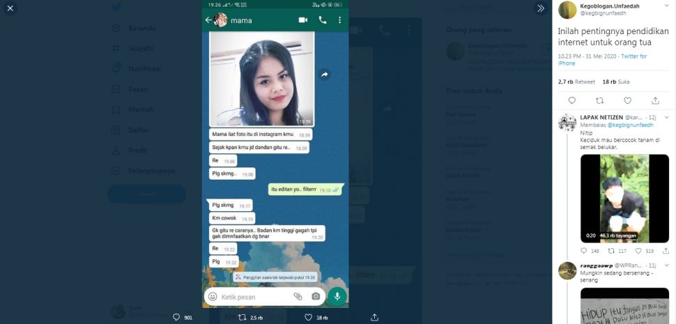 Seorang ibu pergoki anak laki-lakinya berfoto dengan filter riasan wajah perempuan (Twitter/kegblgnu