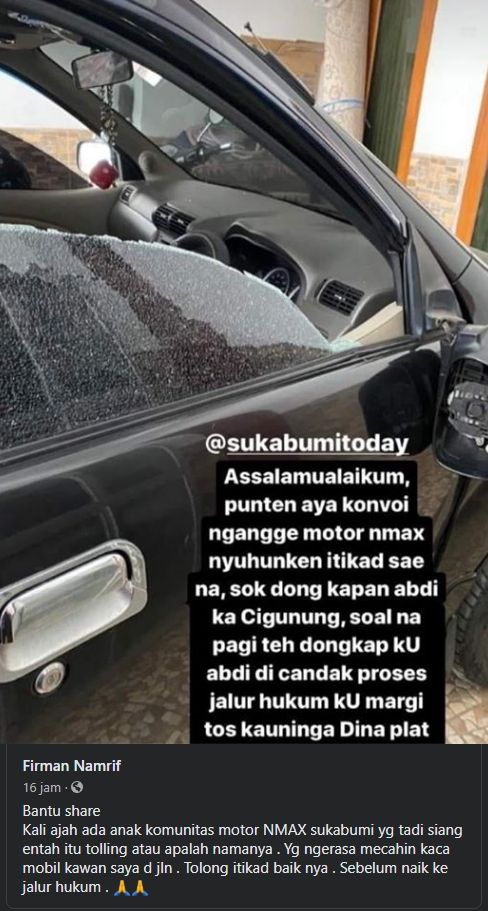 Viral kaca jendela mobil pecah, diklaim ulah konvoi pengendara Nmax. (Facebook/Firman Namrif)