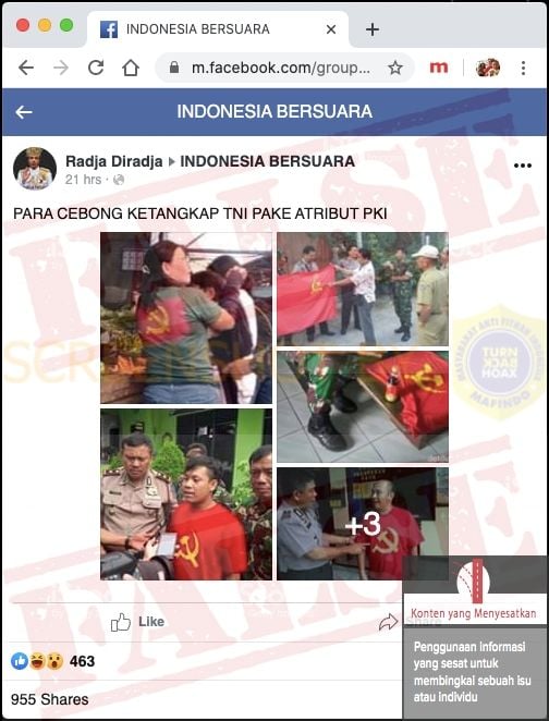 Cek fakta: cebong ditangkap TNI karena pakai atribut PKI (Turnbackhoax.id)