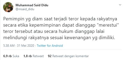 Cuitan Said Didu soal teror yang "direstui" pemimpin (Twitter).