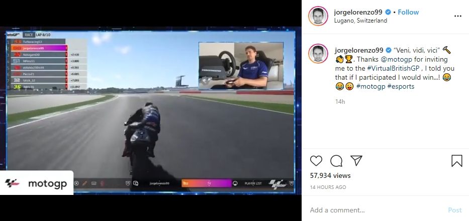 Jorge Lorenzo dalam balapan virtual di Inggris. (Instagram)