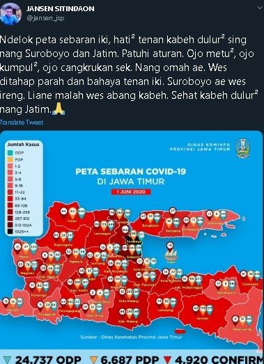 Cuitan Jansen soal Jatim zona merah corona. (Twitter/@jansen_jsp)