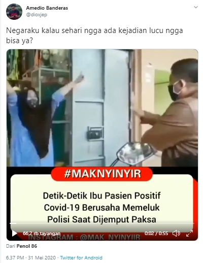 Seorang pasien COVID-19 berusaha memeluk petugas (Twitter).