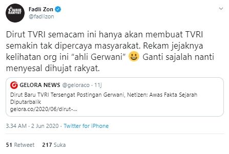 Cuitan Fadli Zon soal Dirut TVRI ahli Gerwani (Twitter).