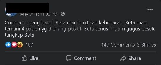 Status Facebook AE yang meminta ingin dijemput petugas Covid-19. (Facebook)