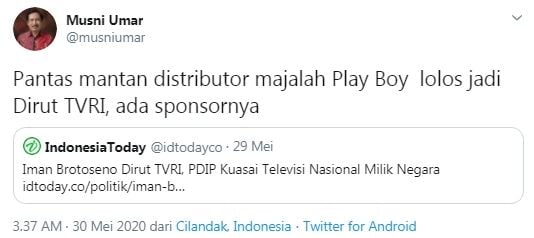 Rektor UIC sebut Iman Brotoseno distributor majalah Playboy (Twitter/musniumar)