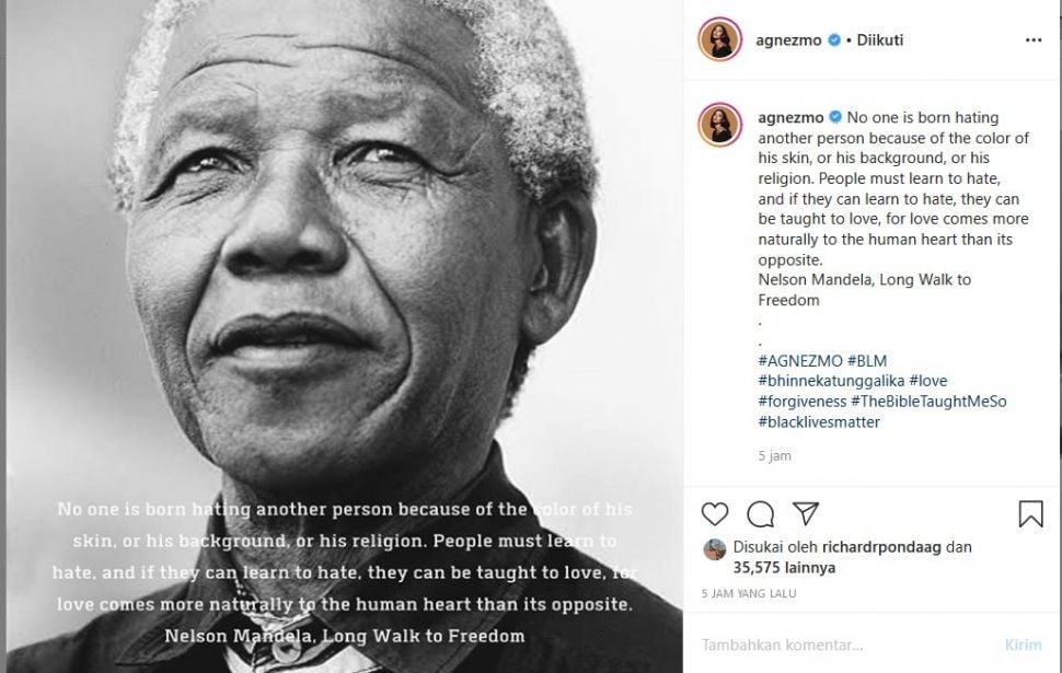 Agnez Mo unggah pernyataan Nelson Mandela terkait rasisme. [Instagram]