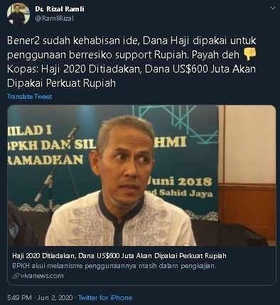 Cuitan Rizal Ramli soal pembatalan ibadah haji. (Twitter/@RamliRizal)