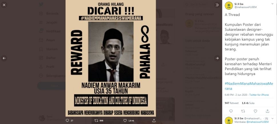 Kumpulan poster mas Nadiem dicari mahasiswa (Twitter/mahasiswayujiem)