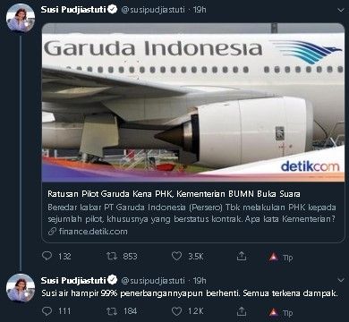 Susi Pudjiatuti sebut Susi Air terdampak corona. (Twitter/@susipudjiastuti)