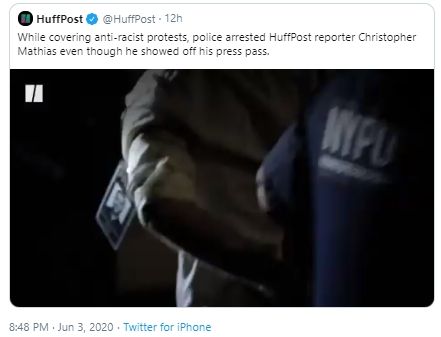 Kisah Jurnalis Huffington Post Ditangkap Saat Liput Protes George Floyd. (twitter.com/HuffPost)