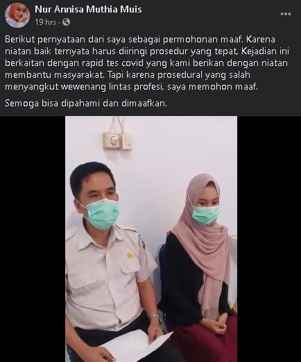 Klarifikasi surat keterangan sehat bebas Covid-19 dari oknum apoteker. (Facebook)