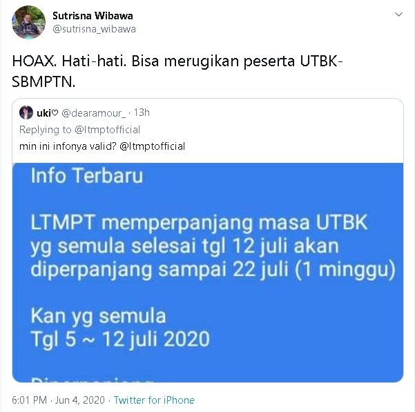 Hoaks UTBK-SBMPTN - (Twitter/@sutrsina_wibawa)