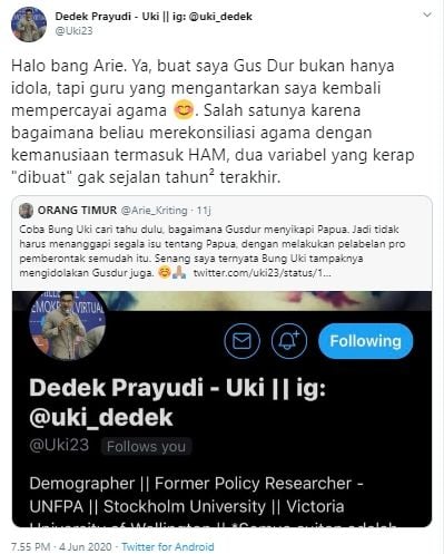 Twitwar Uki PSI dan Arie Kriting soal Gusdur dan Papua (Twitter).