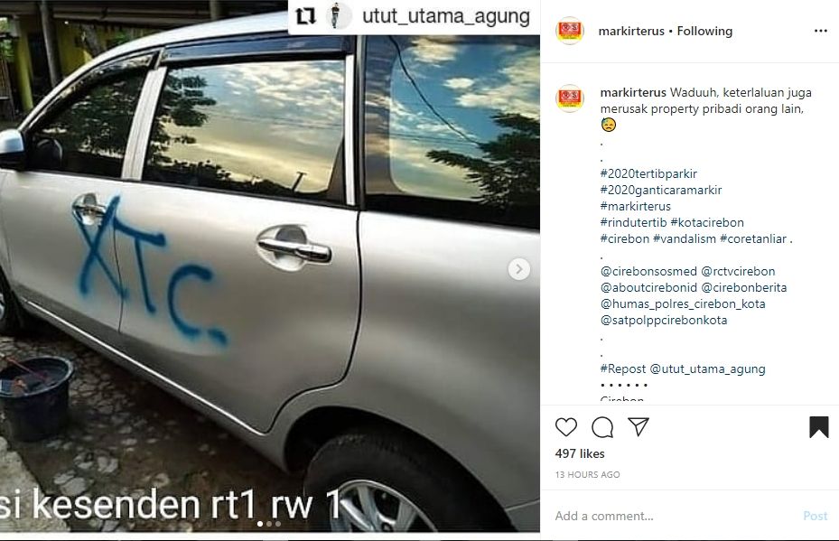 Mobil jadi sasaran vandalisme. (Instagram/@markirterus)