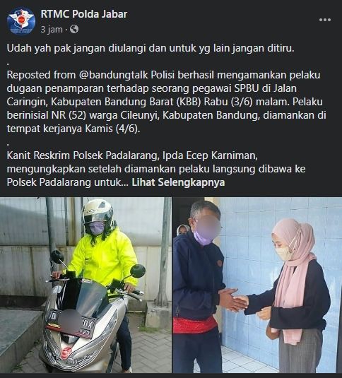 Pengendara Honda PCX yang menampar Petugas SPBU ditahan. (Facebook/RTMC Polda Jabar)