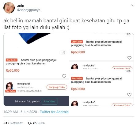 Warganet salah sangka, bantal skidipapap dikira bantal kesehatan (Twitter).