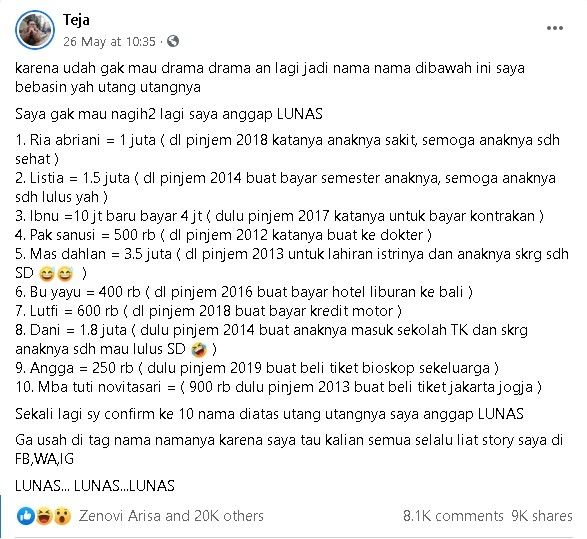Pria di Jogja anggap lunas utang 10 orang - (Facebook/Teja)