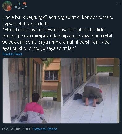 Aksi pria numpang salat di lorong rumah warga. (Twitter)