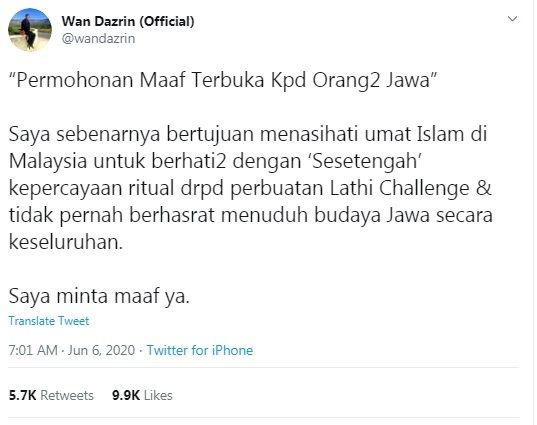 Ustaz Wan Dazrin meminta maaf soal Lathi Challenge [Twitter/@wandazrin]