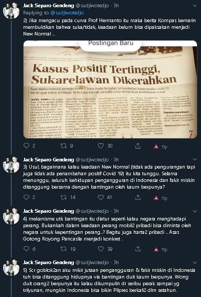 Soroti New Normal, Sudjiwpo Tedjo usul orang kaya patungan biayai fakir miskin. (Twitter/@sudjiwotedjo)