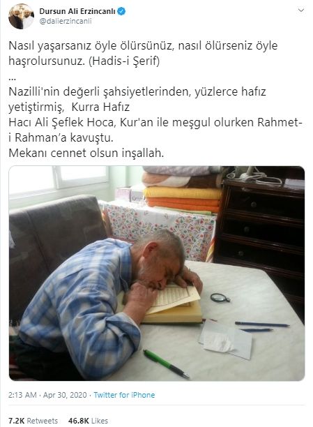 Guru Ngaji di Turki Berpulang saat Baca Alquran. (twitter.com/dalierzincanli)