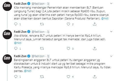 Fadli Zon bandingkan anggaran Kartu Prakerja dengan BLT petani (Twitter/fadlizon)