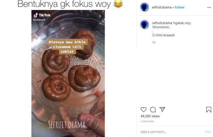 Auto Bikin Ngakak, Gagal Buat Cinnamon Roll Bentuknya Malah Mirip Ini. (Instagram/@sefruit.drama)