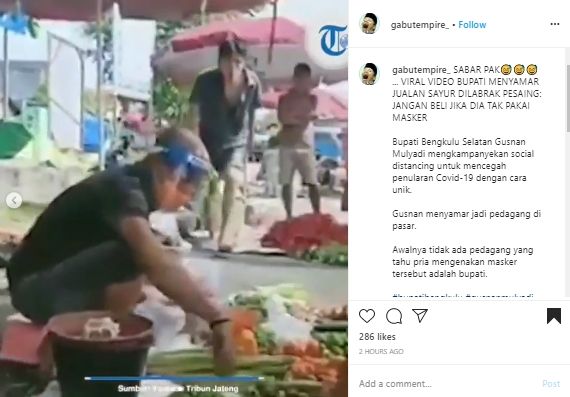 Gubernur Bengkulu Selatan nyamar jadi pedagang sayur demi sosialisasi new normal (Instagram).