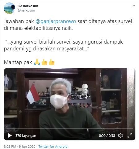 Komentar Ganjar Pranowo soal elektabilitasnya yang naik di tengah pandemi (Twitter).