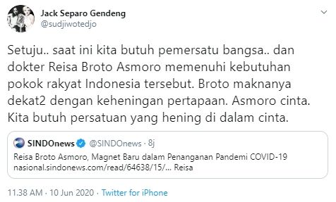 Cuitan Sudjiwo Tedjo tentang dokter Reisa Broto Asmoro (Twitter).