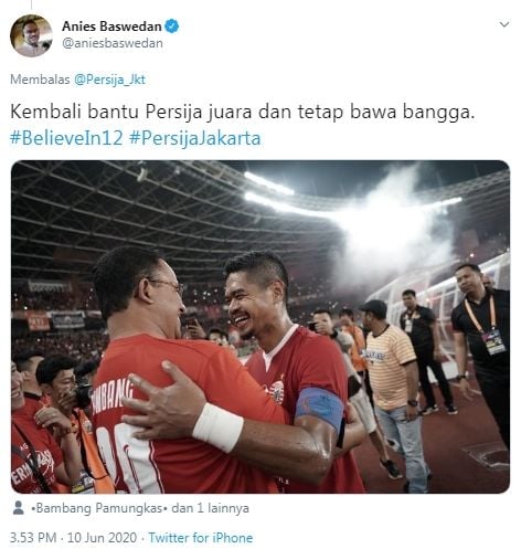 Anies minta BP bantu Persija jadi juara (Twitter/aniesbaswedan)