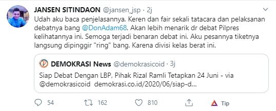 Cuitan Jansen Sitindaon soal debat Menko Luhut dan Rizal Ramli (Twitter).