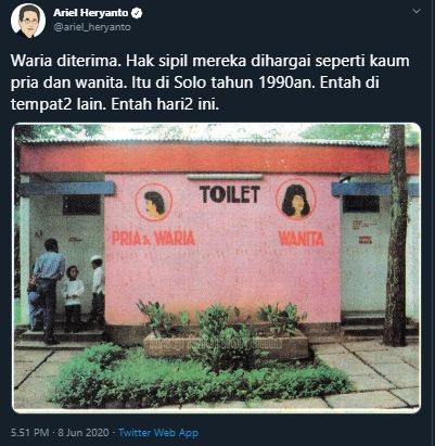 guru besar di Australia menunjukkan di Solo ada toilet untuk waria. [@ariel_heryanto / Twitter]