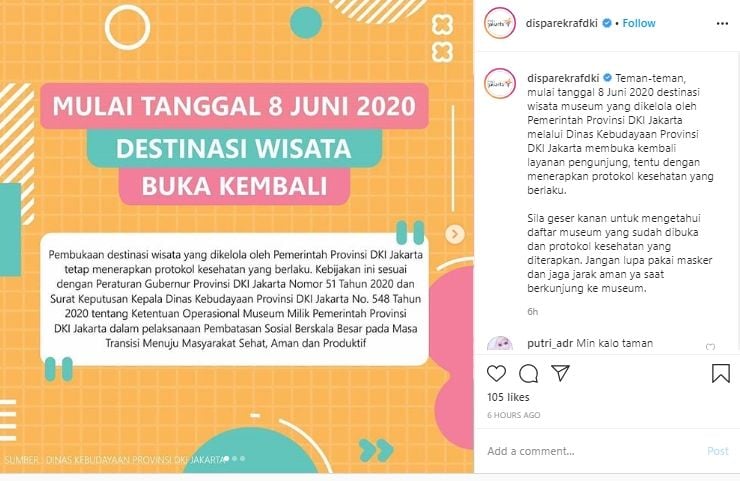 Deretan Wisata di Jakarta Kembali Dibuka, Yuk Taati Protokol Kesehatan Ini. (Instagram/@disparekrafdki)