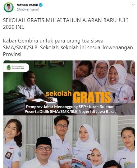 Jabar umumkan sekolah gratis mulai ajaran baru Juli 2020 (Twitter/ridwankamil)