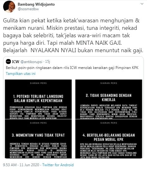 BW tolak usulan kenaikan gaji pimpinan KPK (Twitter/sosmedbw)